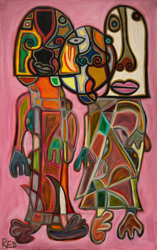 Pomegranate Segues of Eden by Rodney Denne (RED) from the “Exposed” series. Three abstract, picasso figures on pink background