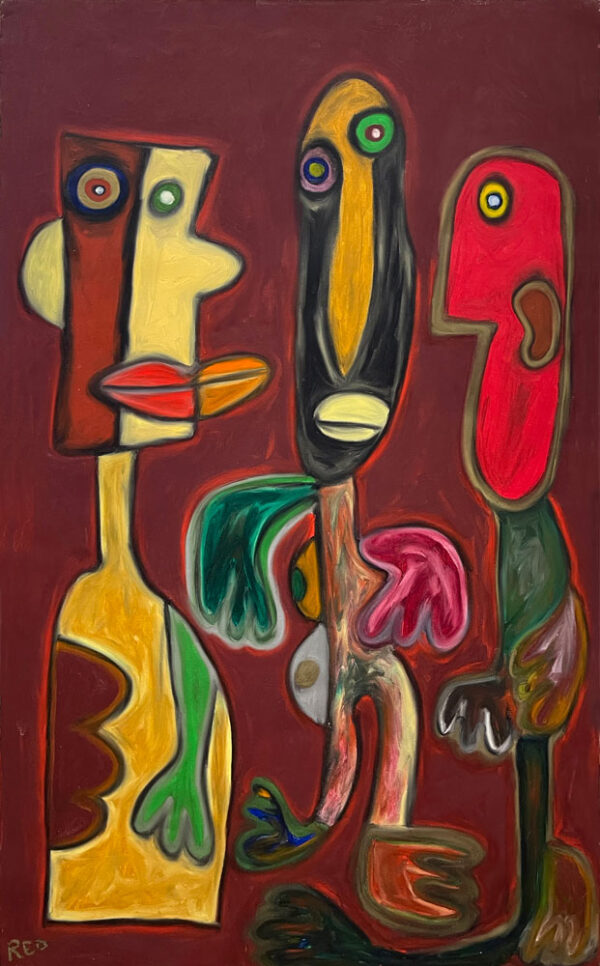 Progressive Jaz by Rodney Denne (RED). 3 Picasso-like figures on a deep-red background. Oil painting on canvas