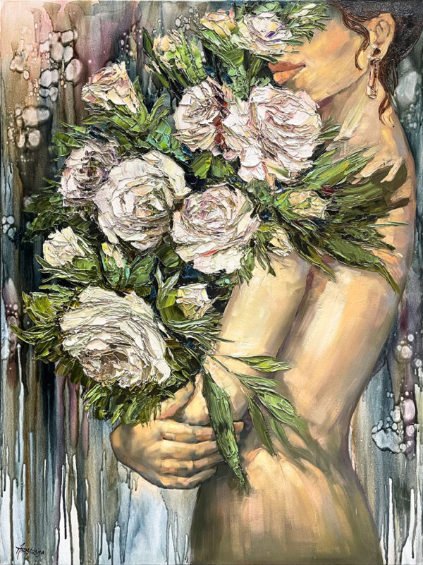 Pure Embrace by Anastasiya Skryleva at Art Leaders Gallery. Brunette girl with jeweled earing holding white roses.