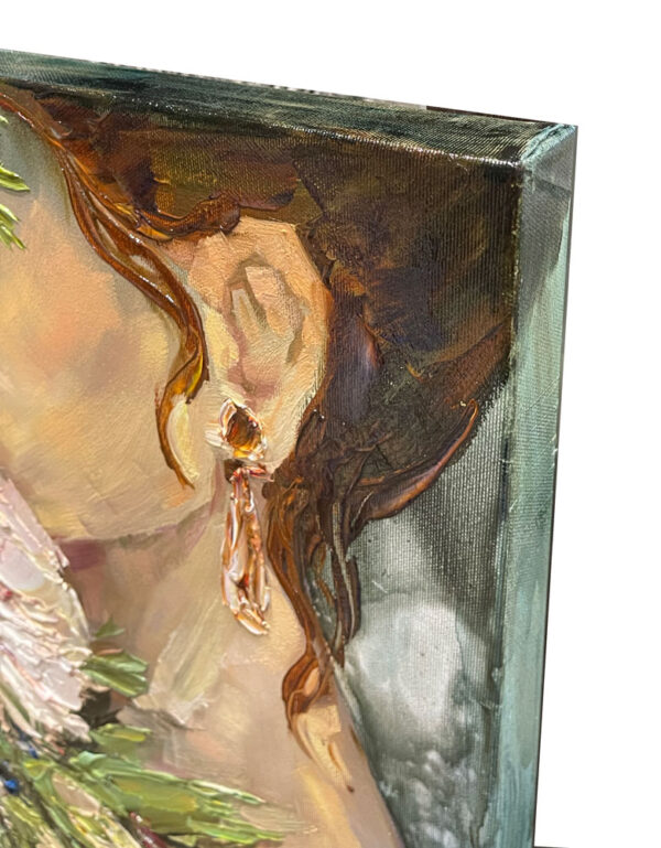 Pure Embrace by Anastasiya Skryleva at Art Leaders Gallery. Brunette girl with jeweled earing holding white roses.