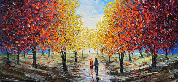 Autumn Memory is a textured painting that encapsulates the essence of a couple’s quiet stroll through a park in the end of Autumn’s splendor. Savchenko’s deft use of texture lends depth and warmth to the changing leaves, capturing the sensation of walking through a tunnel of fall foliage. This artwork not only evokes the romance of the season but also invites viewers to immerse themselves in the cozy and nostalgic atmosphere of an autumnal love story.