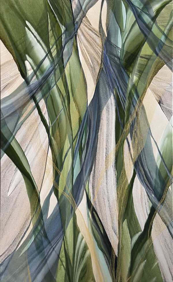 Botanical Reflection by Antonio Molinari at Art Leaders Gallery. Green, gold, and blue abstracted poured painting.