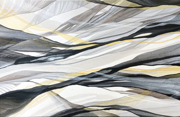 Midas II by Antonio Molinari at Art Leaders Gallery. Black white and gold abstract poured paint