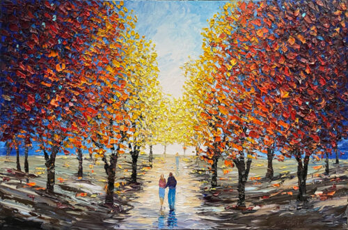 September Romance is a textured painting that encapsulates the essence of a couple's quiet stroll through a park in the midst of Autumn's splendor. Savchenko's deft use of texture lends depth and warmth to the changing leaves, capturing the sensation of walking through a tunnel of fall foliage. This artwork not only evokes the romance of the season but also invites viewers to immerse themselves in the cozy and nostalgic atmosphere of an autumnal love story.