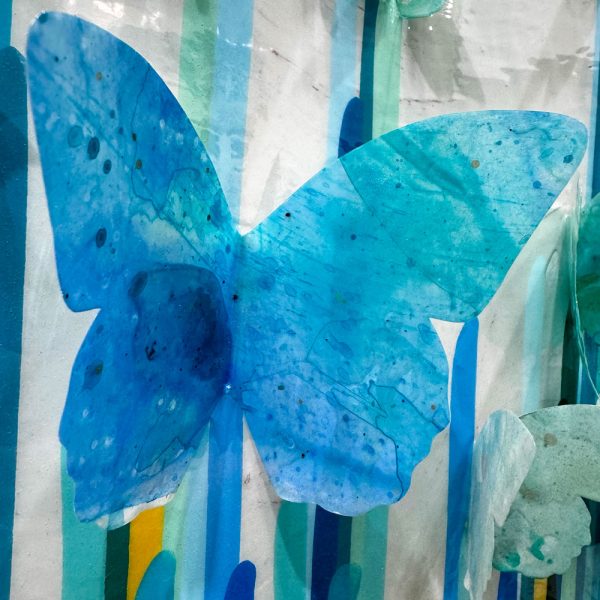 Fly Away by Kadee Craft. Blue Mixed media butterfly wall sculpture.