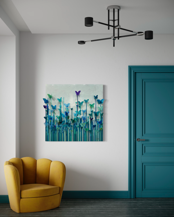 Fly Away by Kadee Craft. Blue Mixed media butterfly wall sculpture installed in a room with a matching blue door and yellow contemporary chair.