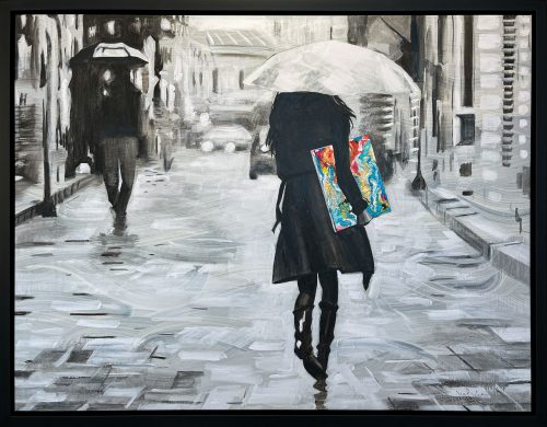 My First Painting by Pedro Velver. Original acrylic painting on canvas. Woman walking away holding an umbrella and colorful painting. Street scene with silhouettes. Black and white painting of woman.