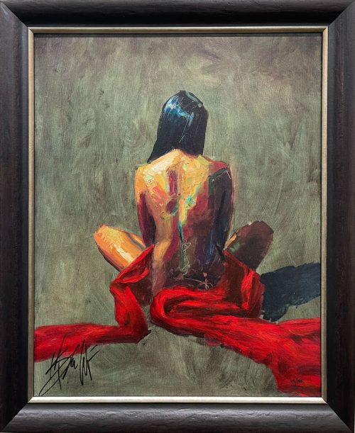 Spiritual Journey by Henry Asencio at Art Leaders Gallery, voted “Michigan’s Best Fine Art Gallery” is located in the heart of West Bloomfield. This full service fine art gallery is the destination for all your art and custom picture framing needs. Our extensive inventory of art includes styles ranging from contemporary to traditional. The gallery represents international, national, and emerging new talent as well as local Michigan artists. A naked woman sits with her back facing towards the viewer with red fabric draped around her.