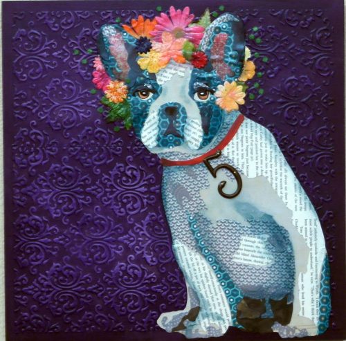 blue ablue and white french bulldog with colorful flower crown and red collar. Purple damask background. Mixed media dog painting.nd white french bulldog with colorful flower crwon and red collar. Purple damask background. MIxed media dog painting.