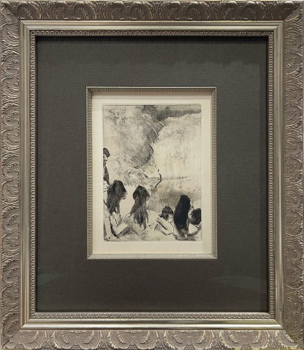 Five Dancers Seen from Behind by Edgar Degas at art leaders gallery. black and white intaligo etching of ballet dancers wating to enter the stage. Framed in an ornate traditional frame, gray linen mat and ribbed fillet.