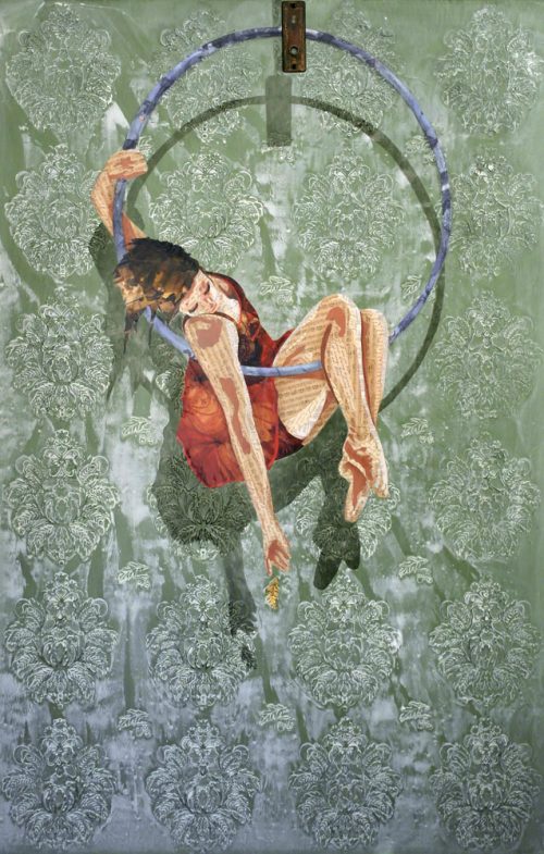 large mixed media on canvas, green patterened background with woman in red dress swiniging in a acrobat hoop. Gold Leaf, Kerri Warner