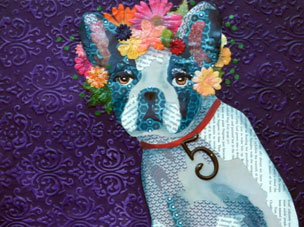 blue and white french bulldog with colorful flower crown and red collar. Purple damask background. Mixed media dog painting.