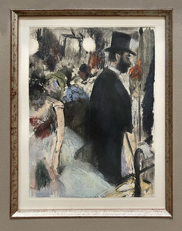 Ludovic Halevy (La Famille Cardinal) by Edgar Degas at Art Leaders Gallery. Edgar Degas illustrations of backstage happenings of the Paris Ballet. Hand-colored, soft ground etching on Reeves BFK paper. Man in top hat among dancers in white tutus. Framed with an ornate champagne frame, mat and fillet.