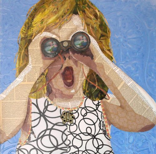 little blonde girl with binoculars gasping, on blue textured background. Mixed media little girl on canvas