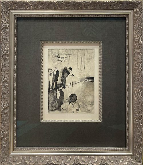 The Firework by Edgar Degas at art leaders gallery. black and white intaligo etching of ballet dancers and men in tuxedos. Framed in an ornate traditional frame, gray linen mat and ribbed fillet.