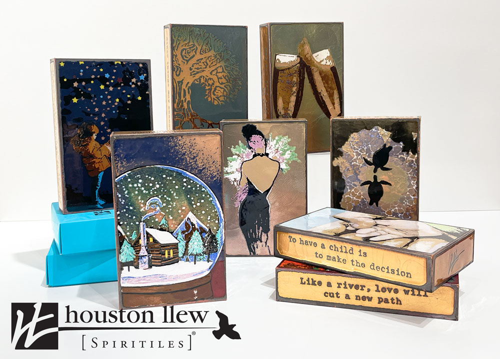 art leaders gallery, holiday gift guide, eight spiritiles by houston llew. Art Leaders gallery is a proud houston llew dealer. This shows #273 Believe, 71 Hello, 161 Timeless, 222 Seamate, 271 Radiate, 270 Meander, 223 Family Tree, and 48 Bubbly