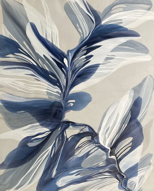 Sapphire Petals is a large abstract painting with blue and white with gray background