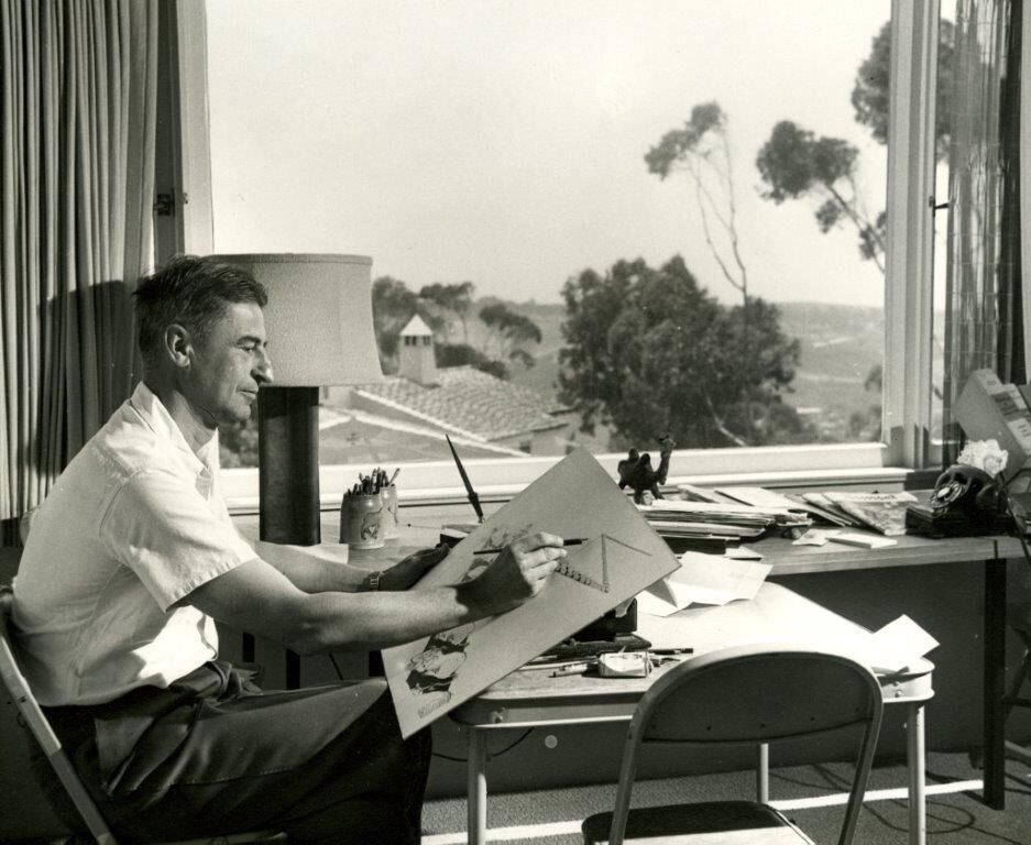 Dr. Seuss working in his California studio in 1949.
