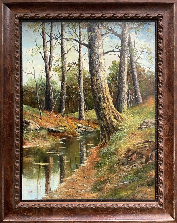 original oil painting of of a creek in a forest. framed in rustic ornate burled wood frame with dark brown textured liner. Naturalistic painting. Realism