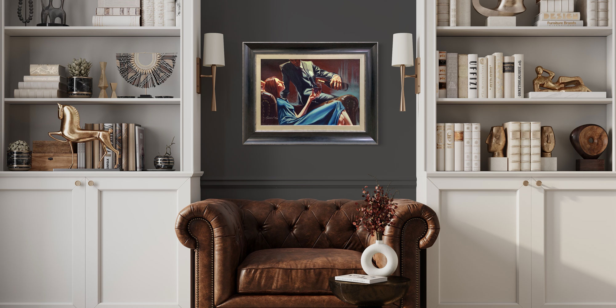 Lovers & Romance: The Fine Art of Love Alibi by Gabe Leonard in blue and champagne frame on dark gray wall