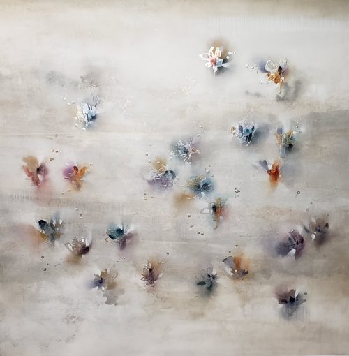 Airy Dream by K. Nari is an original large-scale abstract floral painting that features the fluid movement and soft brush strokes in airy tones of white and silver and light hues of purple, blue, orange. Layers of gold and silver leaf add texture throughout. Textured paint spots layered on.