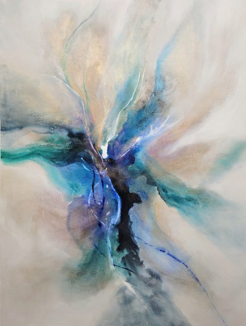 Bellleza Comm by K. Nari is an original large-scale contemporary abstract painting that features the fluid movement and soft brush strokes in tones of silver, white, and blue. Added texture and layers of gold and silver leaf throughout.