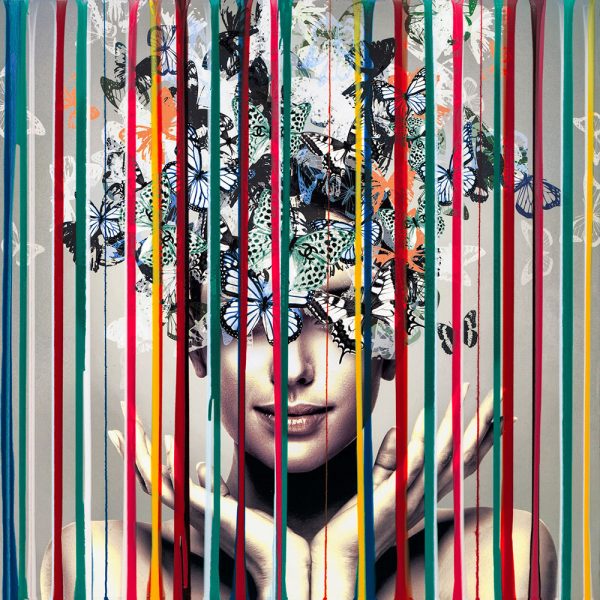Hand embellished limited edition print on canvas of a young woman adorned with butterflies, set behind a curtain of colorful lines
