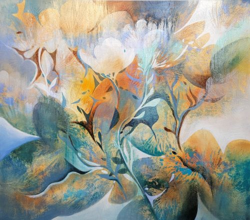 Comm House of Flower by K. Nari is an original large-scale abstract floral painting that features the fluid movement and soft brush strokes in brighter tones of green, honey orange, and indigo. Added texture and layers of gold and silver leaf throughout.