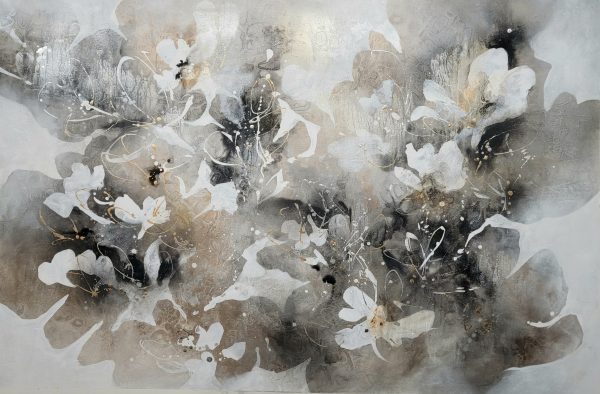 Comm Onyx & Pearls by K. Nari is an original large-scale abstract floral painting that features the fluid movement and soft brush strokes in light tones of silver, charcoal, and gold. Layers of gold and silver leaf add texture throughout.