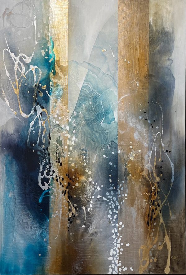 Floral Symphony by K. Nari is an original large-scale abstract contemporary painting that features fluid movement and soft brush strokes in neutral tones of silver, indigo, and gold. Added texture and layers of gold and silver leaf throughout.