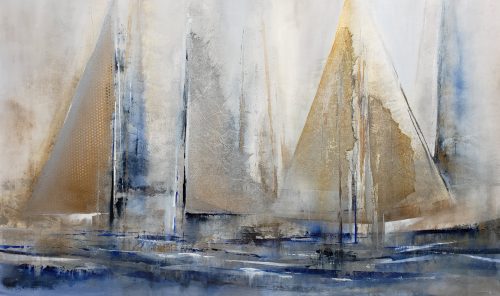 Gone By Sea by K. Nari is an original large-scale abstract seascape painting that features soft textures of silver and gold leaf layered over fluid strokes of blue.