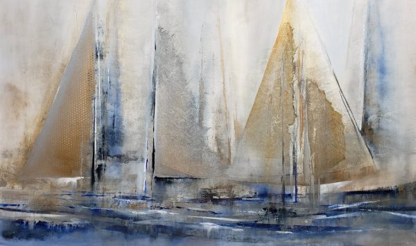 Gone By Sea by K. Nari is an original large-scale abstract seascape painting that features soft textures of silver and gold leaf layered over fluid strokes of blue.