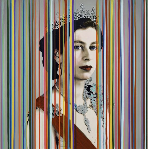Hand embellished limited edition print on canvas of a young Queen Elizabeth II behind a curtain of colorful lines.