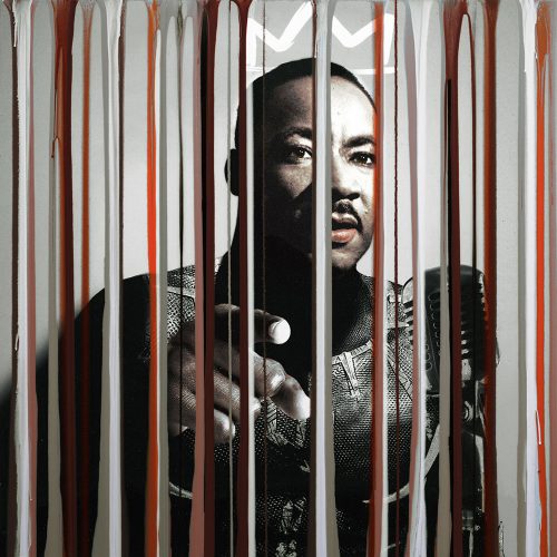 Hand embellished limited edition print on canvas of a young Dr. Martin Luther King Jr. in Black Panther armor set behind a curtain of colorful lines
