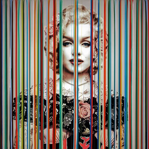 Hand embellished limited edition print on canvas of a young Marilyn Monroe set behind a curtain of colorful lines