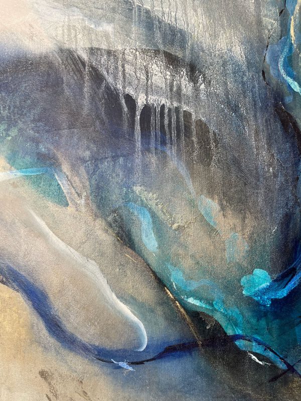 Indigo Flicker II by Kay Nari at Art Leaders Gallery. Original 40x60 soft blue and gold abstract that can be hung vertically or horizontally. Blues with silver and gold embellishments