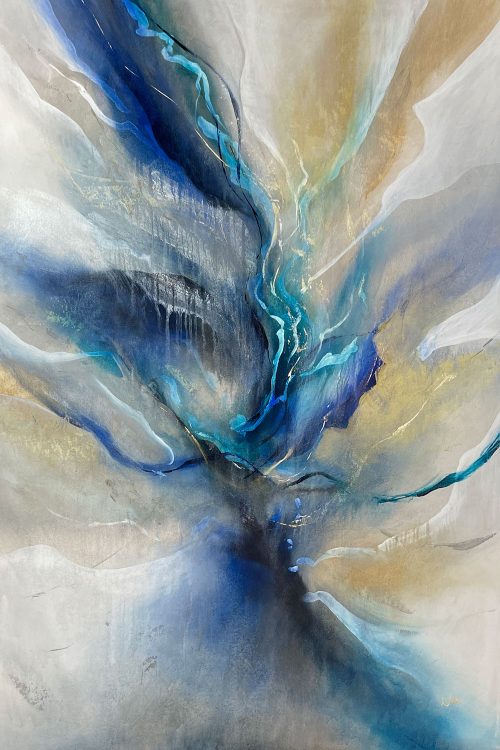 Indigo Flicker II by Kay Nari at Art Leaders Gallery. Original 40x60 soft blue and gold abstract that can be hung vertically or horizontally. Blues with silver and gold embellishments