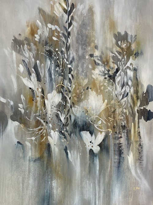 Trillium by Kay Nari at Art Leaders Gallery. 48x36 original acrylic painting. Abstract floral with various earth tones.