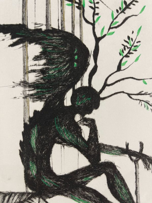 15x11 hand-colored etching on japon paper. Signed and numbered by Salvador Dali as a part of the Argillet Collection. Featureing a black Angelic-figure sitting on a rock among abstract trees and crutches. The figure was inspired by The Thinker sculpture by french artist Auguste Rodin