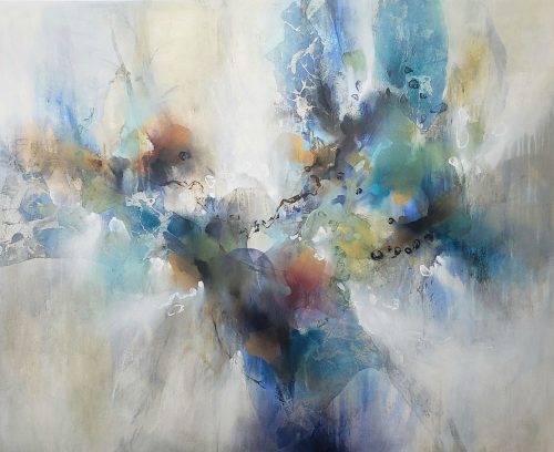 Opia by K. Nari is an original large-scale contemporary abstract painting that features the fluid movement and soft strokes of indigo and silver. Layered and textured with hues of white and light charcoal.