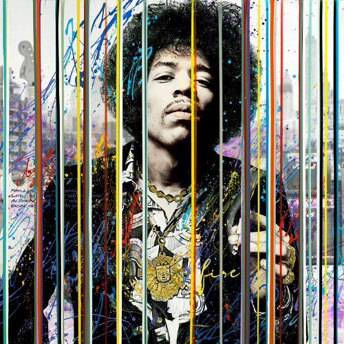 Hand embellished limited edition print on canvas of a young Jimi Hendrix set behind a curtain of colorful lines.