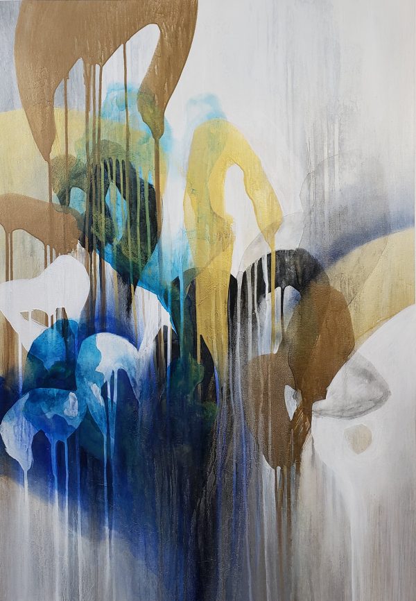 Redo Towards the Sun by K. Nari is an original large-scale abstract contemporary painting that features a dripping array of fluid movement and soft brush strokes in neutral tones of blue, silver, and gold. Layers of gold and silver leaf add texture throughout.