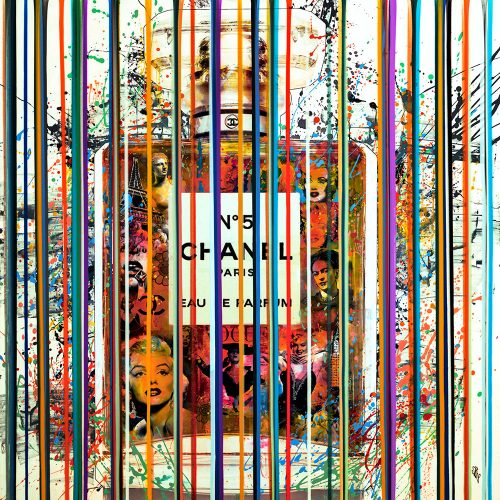 Hand embellished limited edition print on canvas showcasing the iconic woman's perfume, Chanel N°5, overcast with a set of colorful lines.