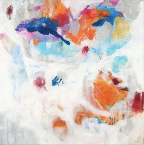 Bloom Burst by K. Nari is an original large-scale abstract contemporary painting that features fluid movement and soft brush strokes in brighter tones of orange, blue, and red. Layers of white and silver add texture throughout.