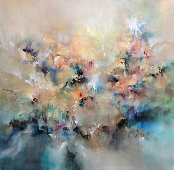 Sumire by K. Nari is an original large-scale abstract floral painting that features the fluid movement and soft brush strokes in slightly brighter tones of silver, orange, indigo, and pink. Added texture and layers of gold and silver leaf throughout.