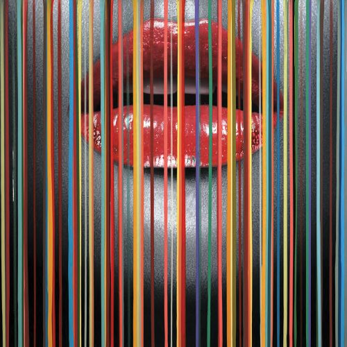 Hand embellished limited edition print on canvas of a voluptuous pair of lips set behind a curtain of colorful lines.