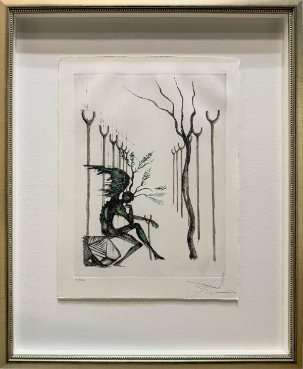 Le Vitrail (The Painted Window) by Salvador Dali. Original etching embellished with gold. Dali was an icon of the Surrealism movement of the 20th century. Sign and numbered etching framed in a gold shadow box. Figure of a black winged character with a series of crutches and dead tree.