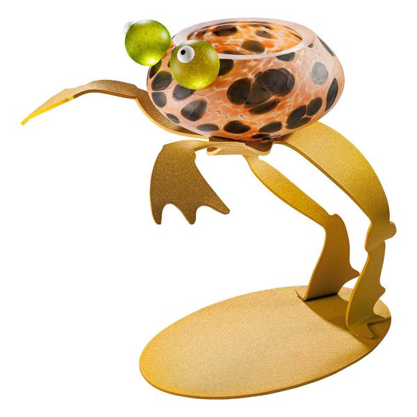 Peach Skipper Frog Candle Holder. glass candle holder with metal legs