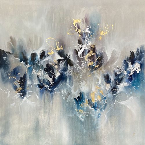 Farfalla Sapphire IV by Kay Nari at Art Leaders Gallery. 48x48 original acrylic painting. Abstract floral with various blue shades and silver and gold embellishments