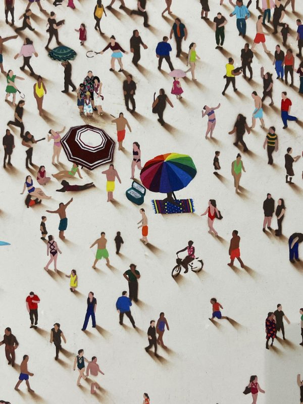 Beach Love Limited Edition on fine art paper by Craig Alan. Populus figures forming a heart. Paper is beach-sand color with crowds holding various beach items like colorful towels, umbrellas, and surfboards